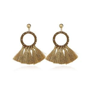 Beaded gold hoop earrings with fringe